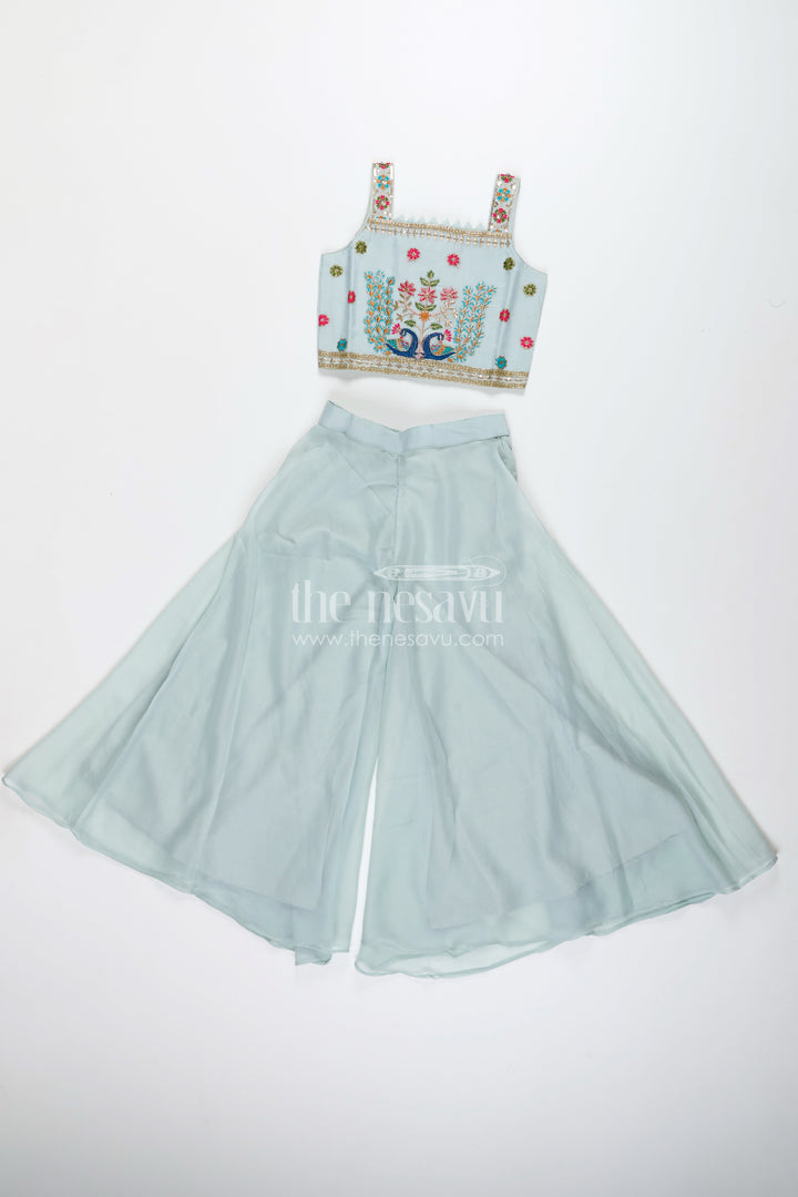 The Nesavu Girls Sharara / Plazo Set Embroidered crop top with flared plazo – peacock motif ethnic wear for girls Nesavu 26 (6Y) / Green GPS746A-26 Girls embroidered crop top plazo  ethnic peacock motif outfit