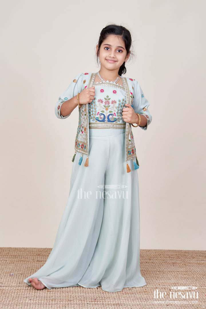 The Nesavu Girls Sharara / Plazo Set Embroidered Crop Top with Flared Plazo Peacock Motif Ethnic Wear for Girls Nesavu 26 (6Y) / Green GPS746A-26 Girls embroidered crop top plazo  ethnic peacock motif outfit