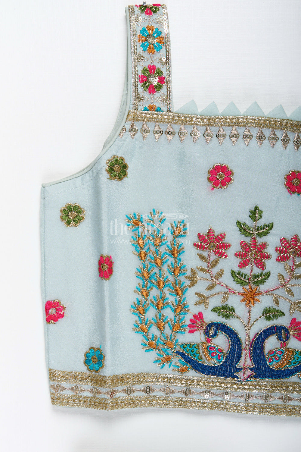 The Nesavu Girls Sharara / Plazo Set Embroidered crop top with flared plazo – peacock motif ethnic wear for girls Nesavu Girls embroidered crop top plazo  ethnic peacock motif outfit