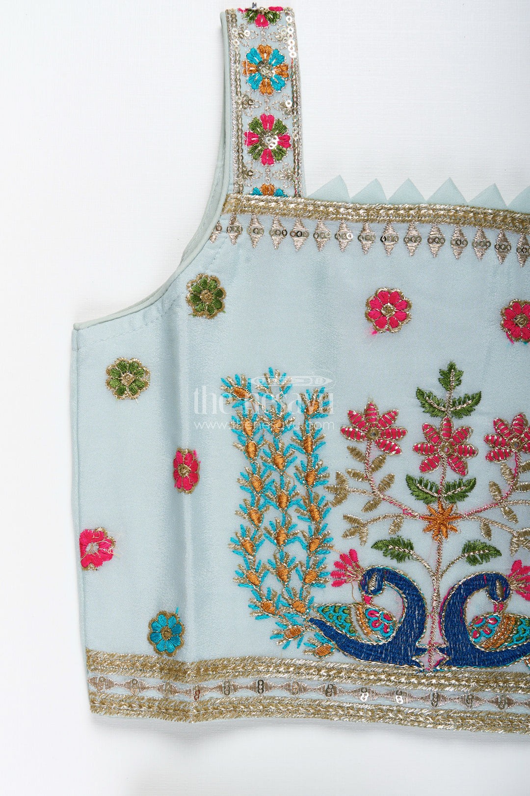 The Nesavu Girls Sharara / Plazo Set Embroidered crop top with flared plazo – peacock motif ethnic wear for girls Nesavu Girls embroidered crop top plazo  ethnic peacock motif outfit
