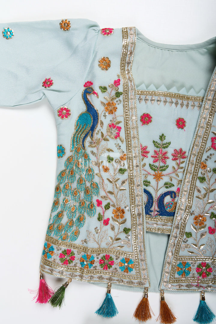 The Nesavu Girls Sharara / Plazo Set Embroidered crop top with flared plazo – peacock motif ethnic wear for girls Nesavu Girls embroidered crop top plazo  ethnic peacock motif outfit