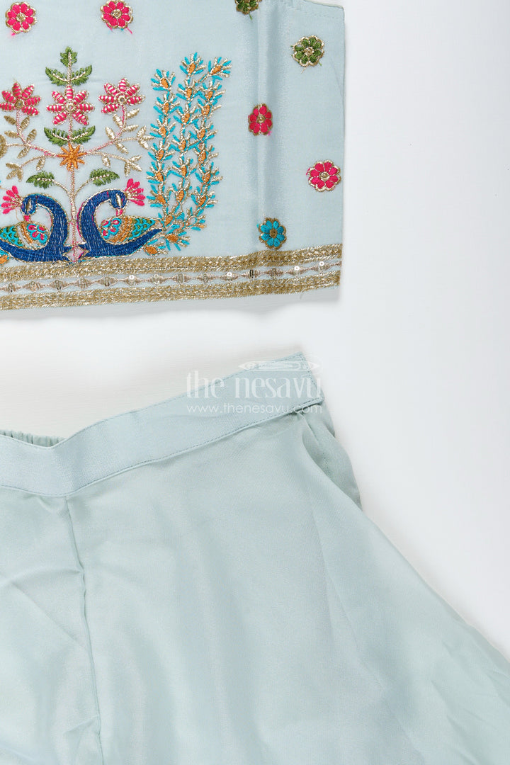 The Nesavu Girls Sharara / Plazo Set Embroidered crop top with flared plazo – peacock motif ethnic wear for girls Nesavu Girls embroidered crop top plazo  ethnic peacock motif outfit