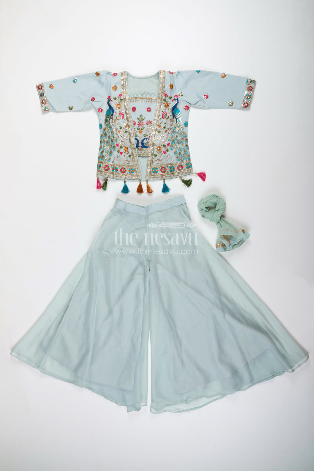 The Nesavu Girls Sharara / Plazo Set Embroidered crop top with flared plazo – peacock motif ethnic wear for girls Nesavu Girls embroidered crop top plazo  ethnic peacock motif outfit
