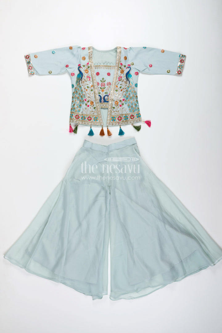 The Nesavu Girls Sharara / Plazo Set Embroidered crop top with flared plazo – peacock motif ethnic wear for girls Nesavu Girls embroidered crop top plazo  ethnic peacock motif outfit