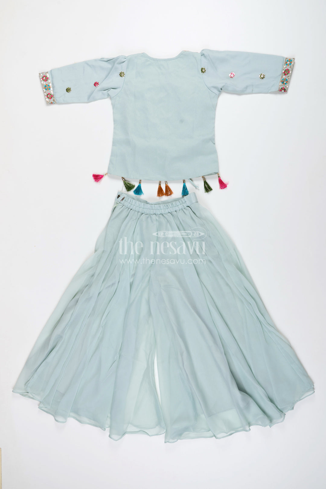 The Nesavu Girls Sharara / Plazo Set Embroidered crop top with flared plazo – peacock motif ethnic wear for girls Nesavu Girls embroidered crop top plazo  ethnic peacock motif outfit