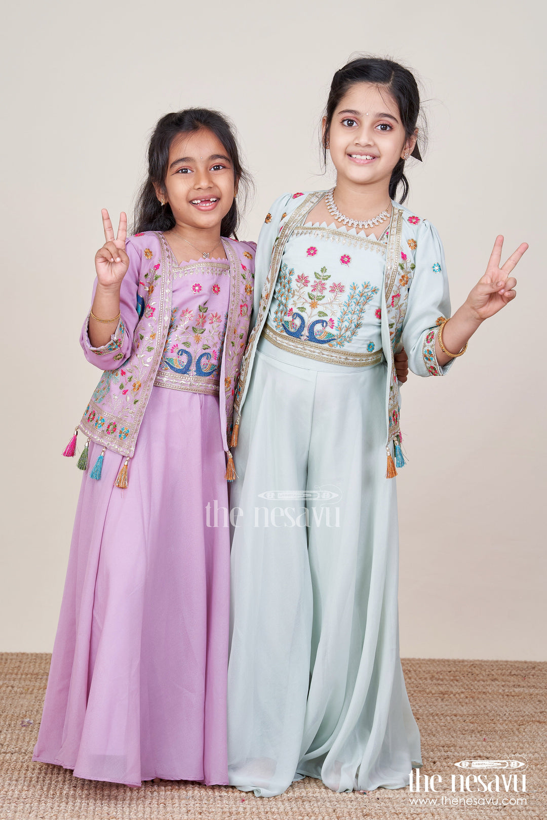 The Nesavu Girls Sharara / Plazo Set Embroidered Crop Top with Flared Plazo Peacock Motif Ethnic Wear for Girls Nesavu Girls embroidered crop top plazo  ethnic peacock motif outfit