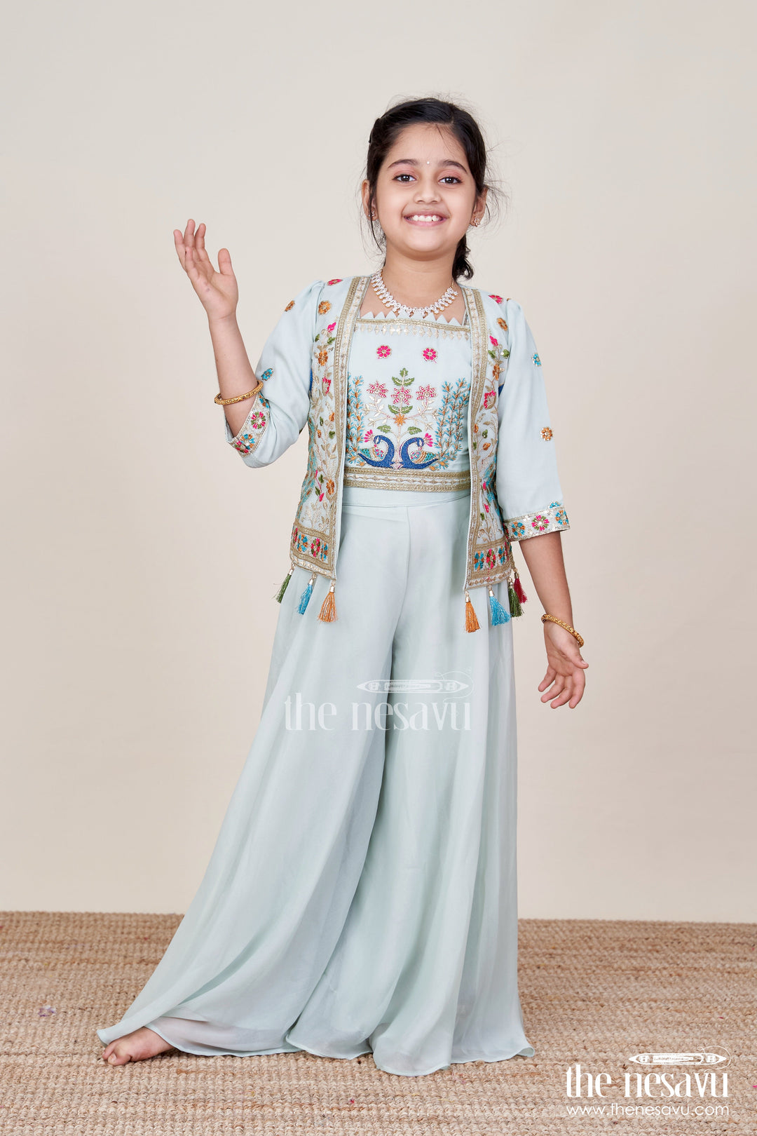 The Nesavu Girls Sharara / Plazo Set Embroidered Crop Top with Flared Plazo Peacock Motif Ethnic Wear for Girls Nesavu Girls embroidered crop top plazo  ethnic peacock motif outfit