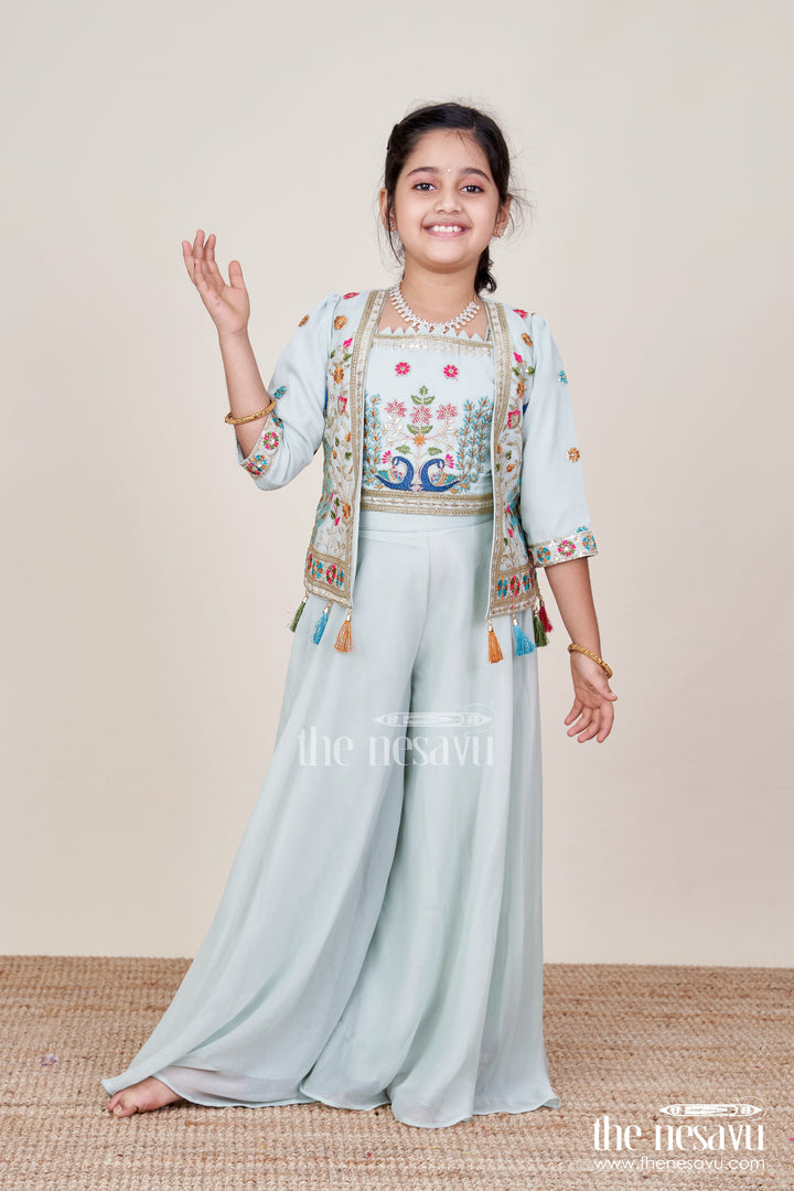 The Nesavu Girls Sharara / Plazo Set Embroidered Crop Top with Flared Plazo Peacock Motif Ethnic Wear for Girls Nesavu Girls embroidered crop top plazo  ethnic peacock motif outfit