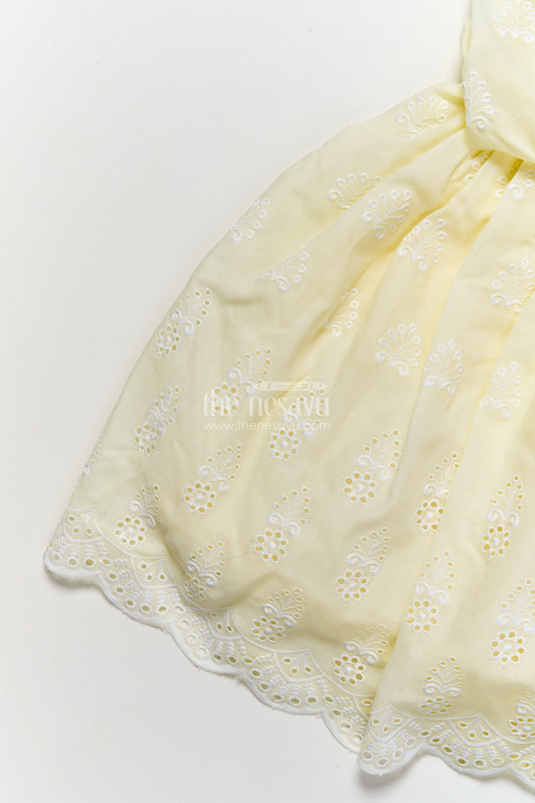 The Nesavu Girls Fancy Frock Embroidered Frock for Girls Elegant Occasion Wear Nesavu Nesavu Pastel Yellow Girls Tulle Frock Hakoba Cotton Scalloped Hem Floral Accent