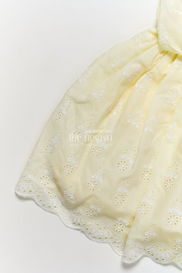 The Nesavu Girls Fancy Frock Embroidered Frock for Girls Elegant Occasion Wear Nesavu Nesavu Pastel Yellow Girls Tulle Frock Hakoba Cotton Scalloped Hem Floral Accent