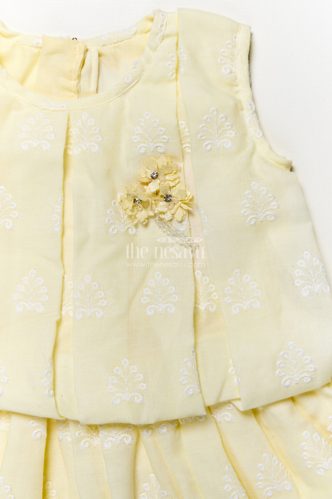 The Nesavu Girls Fancy Frock Embroidered Frock for Girls Elegant Occasion Wear Nesavu Nesavu Pastel Yellow Girls Tulle Frock Hakoba Cotton Scalloped Hem Floral Accent