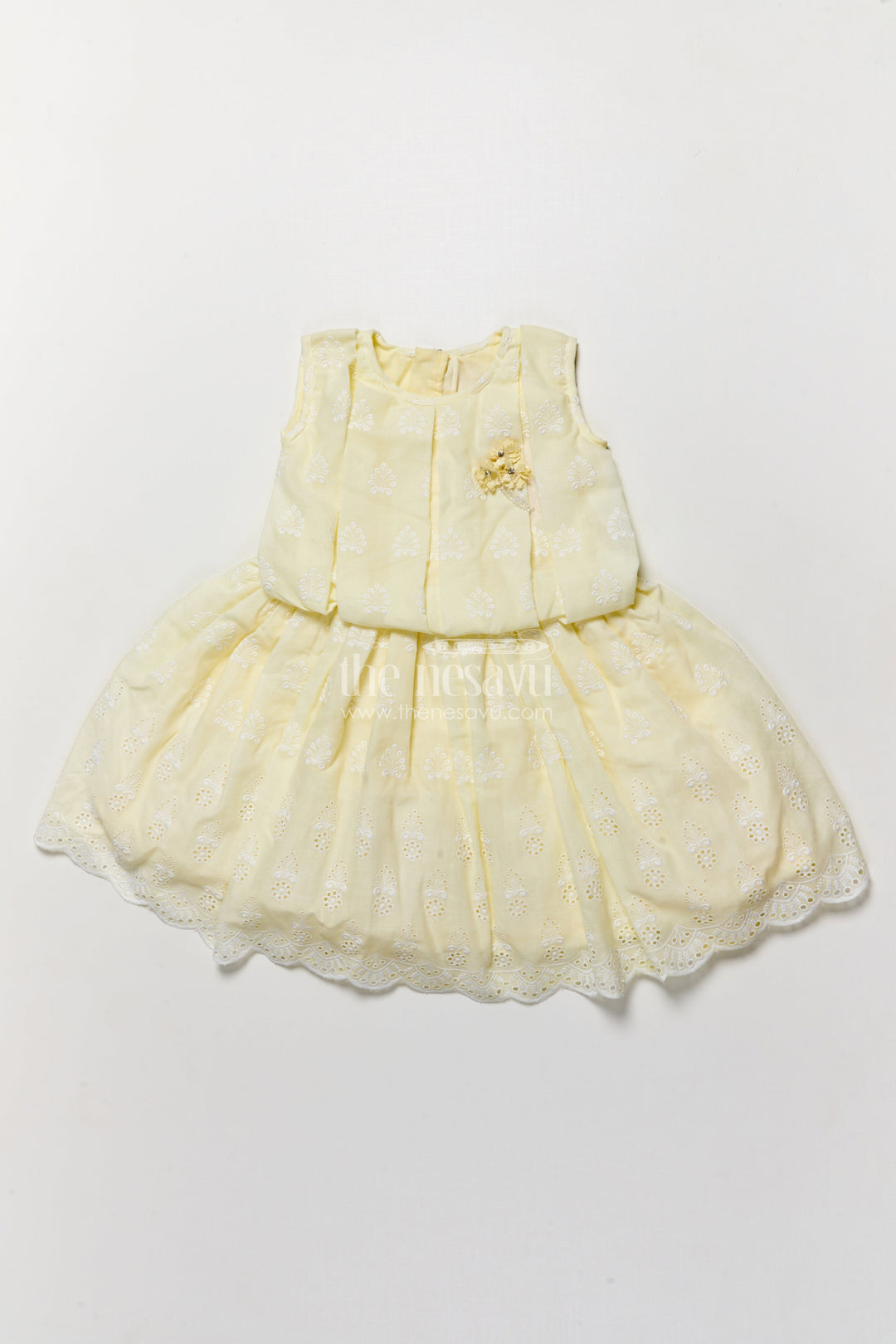 The Nesavu Girls Fancy Frock Embroidered Frock for Girls Elegant Occasion Wear Nesavu Nesavu Pastel Yellow Girls Tulle Frock Hakoba Cotton Scalloped Hem Floral Accent