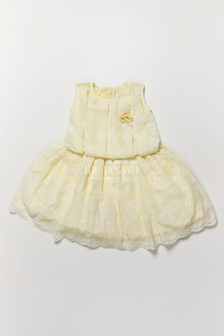 The Nesavu Girls Fancy Frock Embroidered Frock for Girls Elegant Occasion Wear Nesavu Nesavu Pastel Yellow Girls Tulle Frock Hakoba Cotton Scalloped Hem Floral Accent