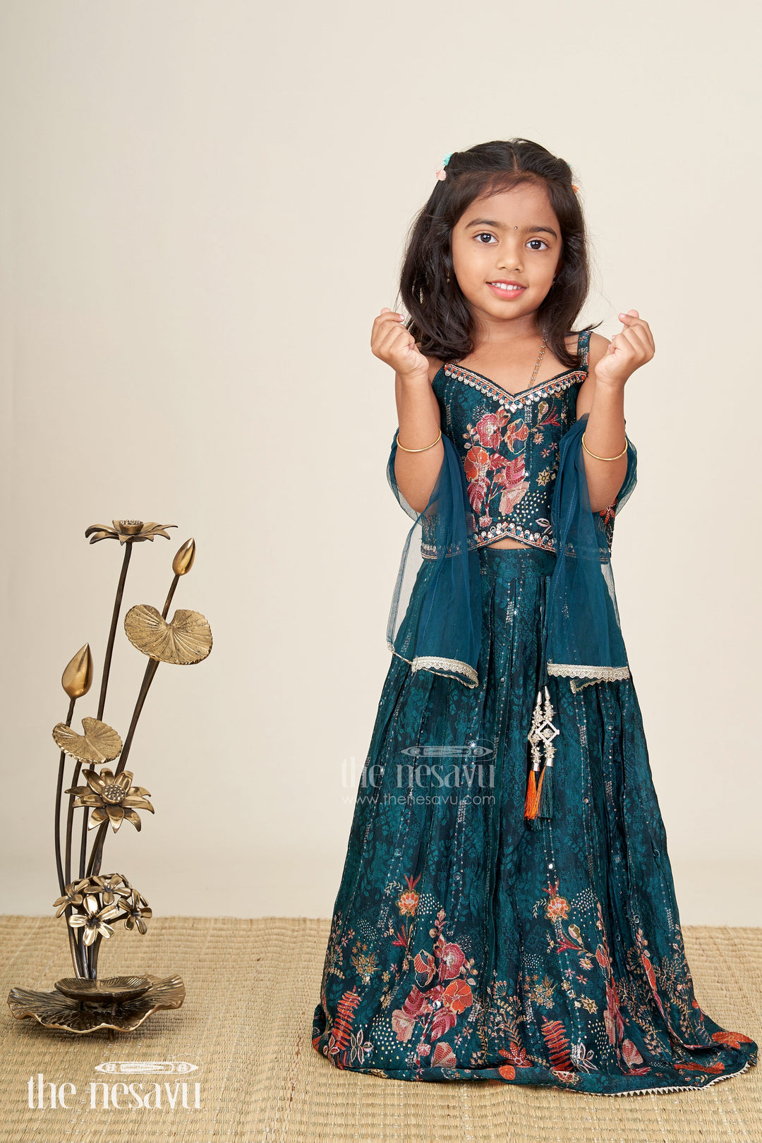 The Nesavu Girls Lehenga Choli Embroidered georgette lehenga choli for girls for festive and wedding wear Nesavu 16 (1Y) / Green GL739A-16 Nesavu green girls georgette lehenga choli with floral embroidery and mirror lace for festive wear