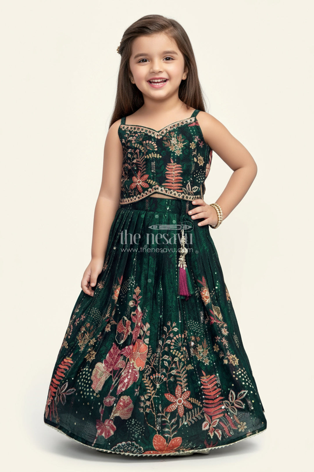 The Nesavu Girls Lehenga Choli Embroidered Georgette Lehenga Choli for Girls for Festive and Wedding Wear Nesavu Nesavu green girls georgette lehenga choli with floral embroidery and mirror lace for festive wear