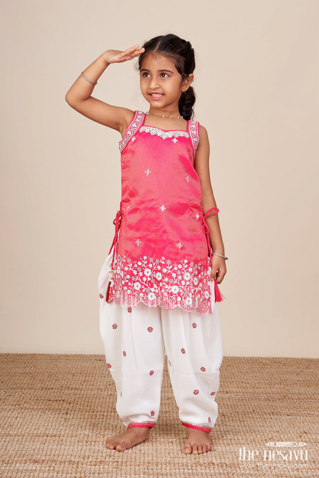 The Nesavu Girls Sharara / Plazo Set Embroidered Kurti with Dhoti Pant Set Ethnic Charm for Baby Girls Nesavu Baby girls kurti dhoti pant set  Nesavu ethnic wear toddlers