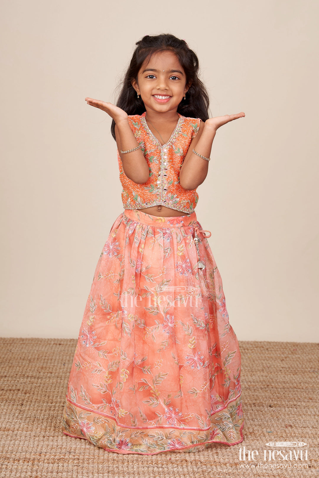 The Nesavu Girls Lehenga Choli Embroidered Lehenga Choli for Baby Girl for Weddings and Family Events Nesavu 16 (1Y) / Orange GL821A-16 Nesavu baby girl embroidered lehenga choli floral print weddings festive celebrations