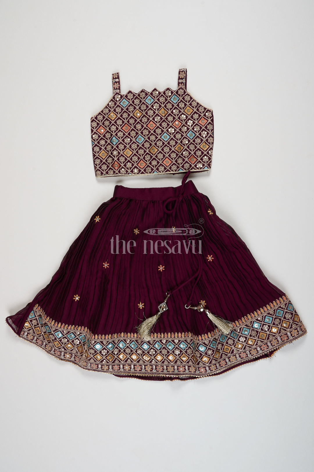 The Nesavu Girls Lehenga Choli Embroidered Lehenga Choli for Diwali in Crush Georgette with Intricate Border Detailing Nesavu 10 (NB) / Maroon GL492B-10 Nesavu Lehenga Choli Diwali Crush Georgette Embroidery  Perfect Festive Celebrations