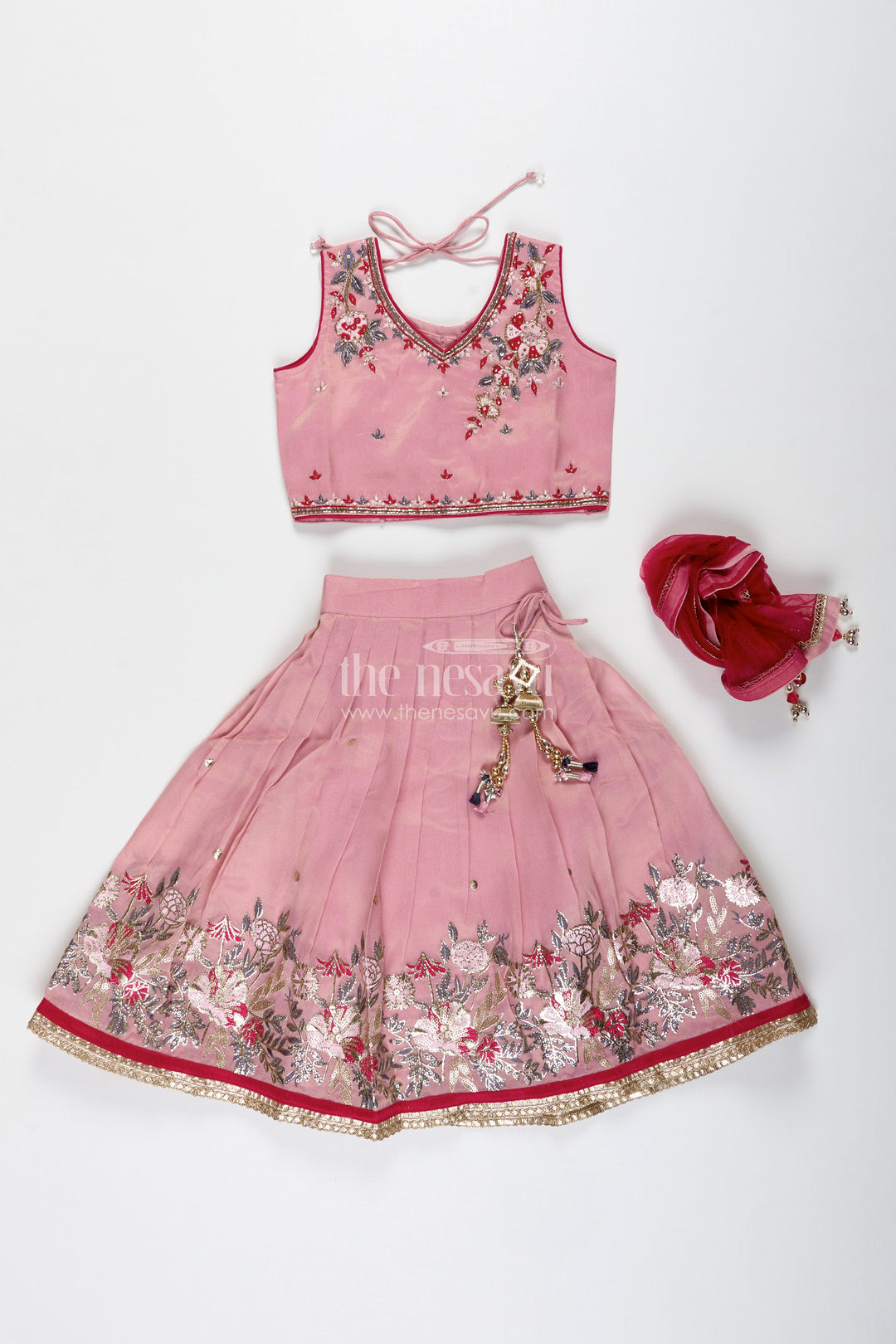 The Nesavu Girls Lehenga Choli Embroidered Lehenga Choli for Girls Birthday and Festive Occasions Nesavu Nesavu Pastel Pink Lehenga Choli Girls Shimmer Georgette Outfit Birthdays Celebrations