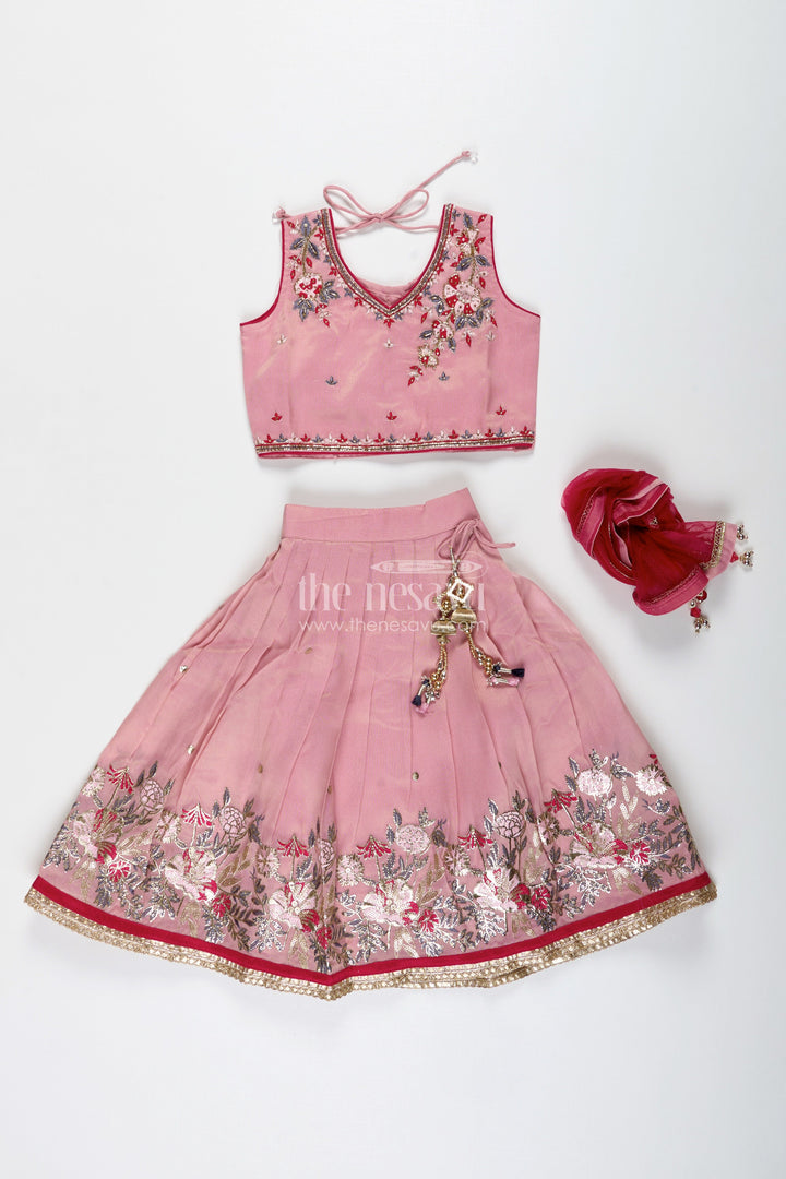 The Nesavu Girls Lehenga Choli Embroidered Lehenga Choli for Girls Birthday and Festive Occasions Nesavu Nesavu Pastel Pink Lehenga Choli Girls Shimmer Georgette Outfit Birthdays Celebrations