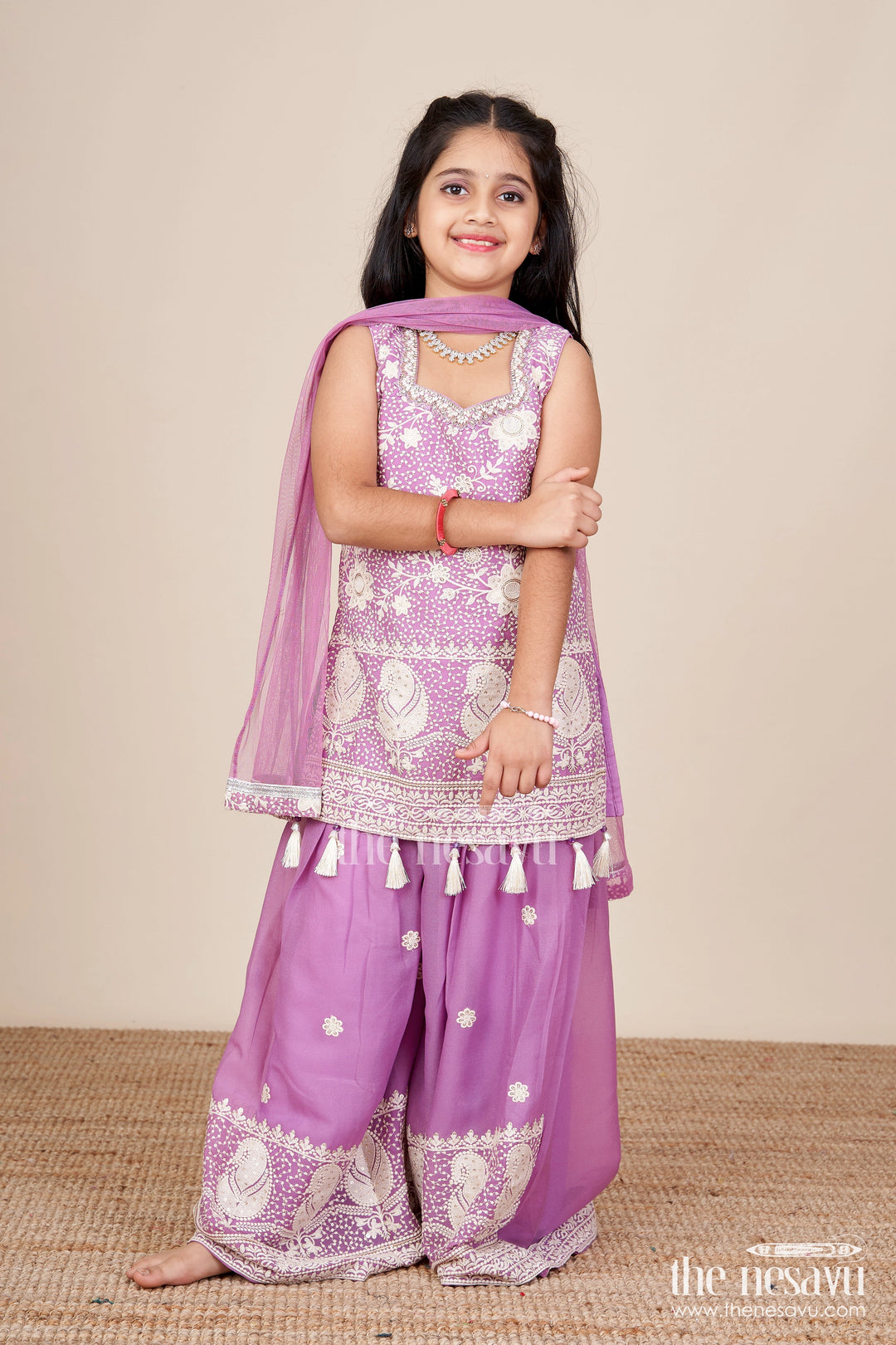 The Nesavu Girls Sharara / Plazo Set Embroidered Plazo Set with Tassel Detail Festive Ethnic Set for Girls Nesavu 26 (6Y) / Purple GPS740A-26 Nesavu ethnic plazo set girls  embroidered festive wear toddlers
