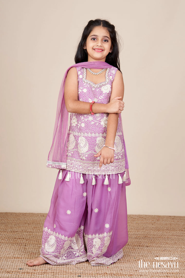 The Nesavu Girls Sharara / Plazo Set Embroidered Plazo Set with Tassel Detail Festive Ethnic Set for Girls Nesavu 26 (6Y) / Purple GPS740A-26 Nesavu ethnic plazo set girls  embroidered festive wear toddlers