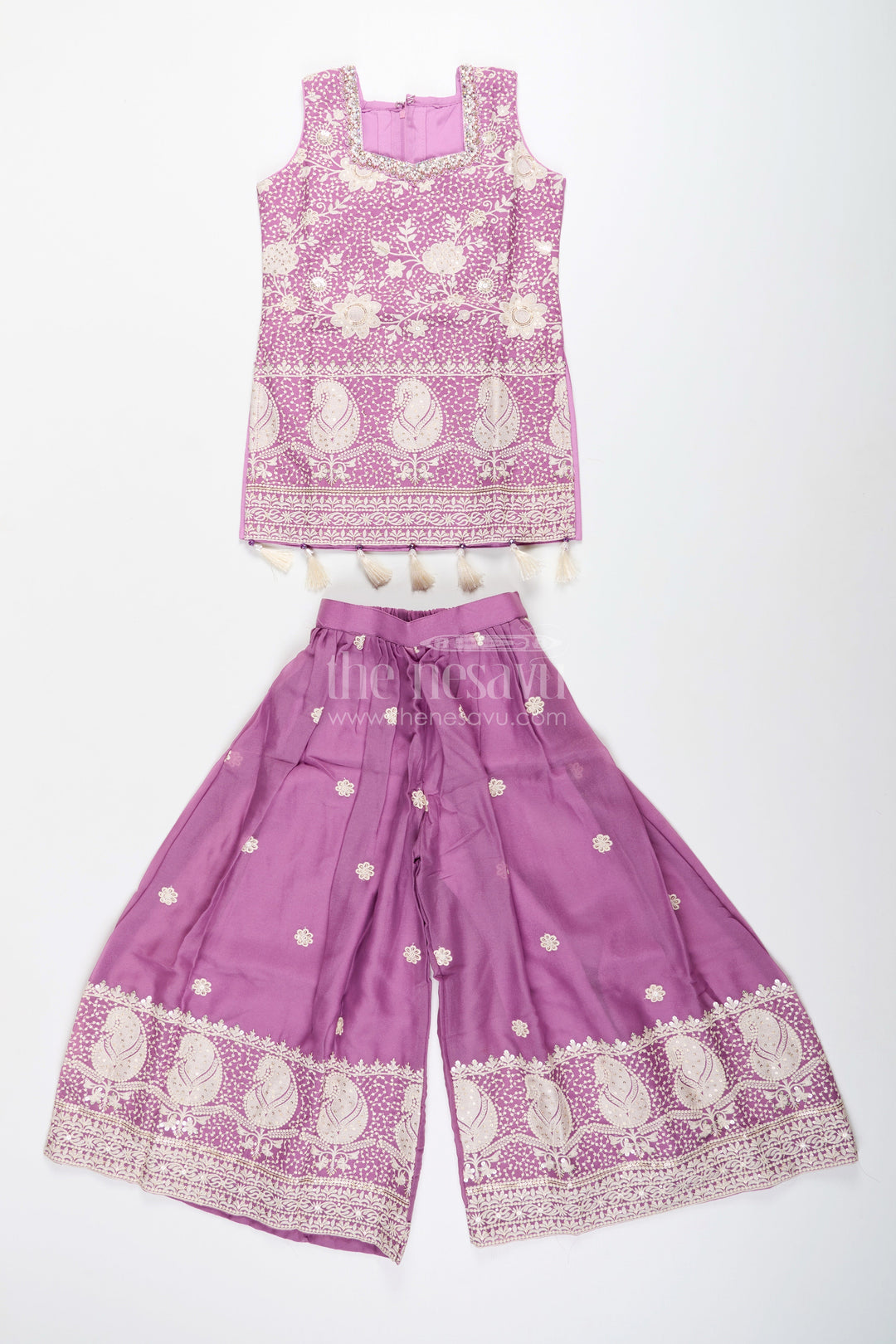 The Nesavu Girls Sharara / Plazo Set Embroidered plazo set with tassel detail – festive ethnic set for girls Nesavu Nesavu ethnic plazo set girls  embroidered festive wear toddlers