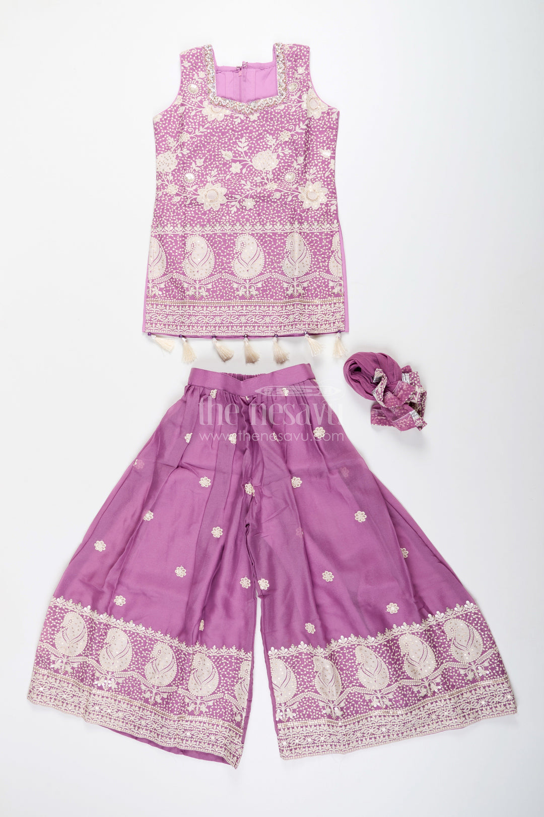 The Nesavu Girls Sharara / Plazo Set Embroidered plazo set with tassel detail – festive ethnic set for girls Nesavu Nesavu ethnic plazo set girls  embroidered festive wear toddlers