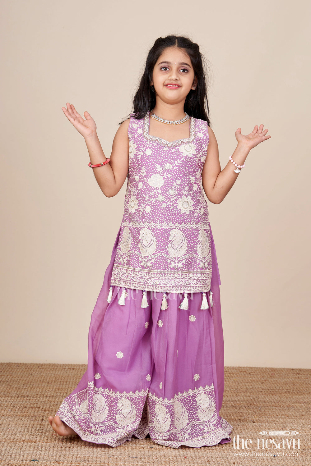 The Nesavu Girls Sharara / Plazo Set Embroidered Plazo Set with Tassel Detail Festive Ethnic Set for Girls Nesavu Nesavu ethnic plazo set girls  embroidered festive wear toddlers