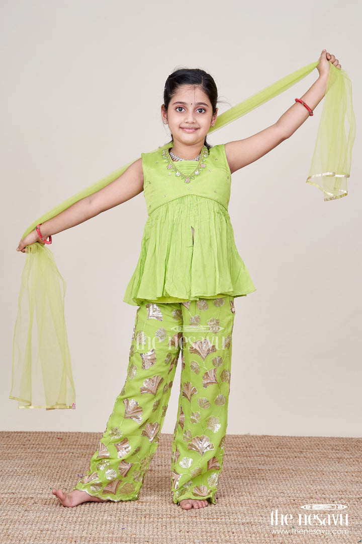 The Nesavu Girls Sharara / Plazo Set Embroidered Sharara Set for Girls Festive and Cultural Wear Nesavu 16 (1Y) / Green GPS789B-16 Nesavu sharara set girls viscose silk embroidery perfect cultural functions festive events