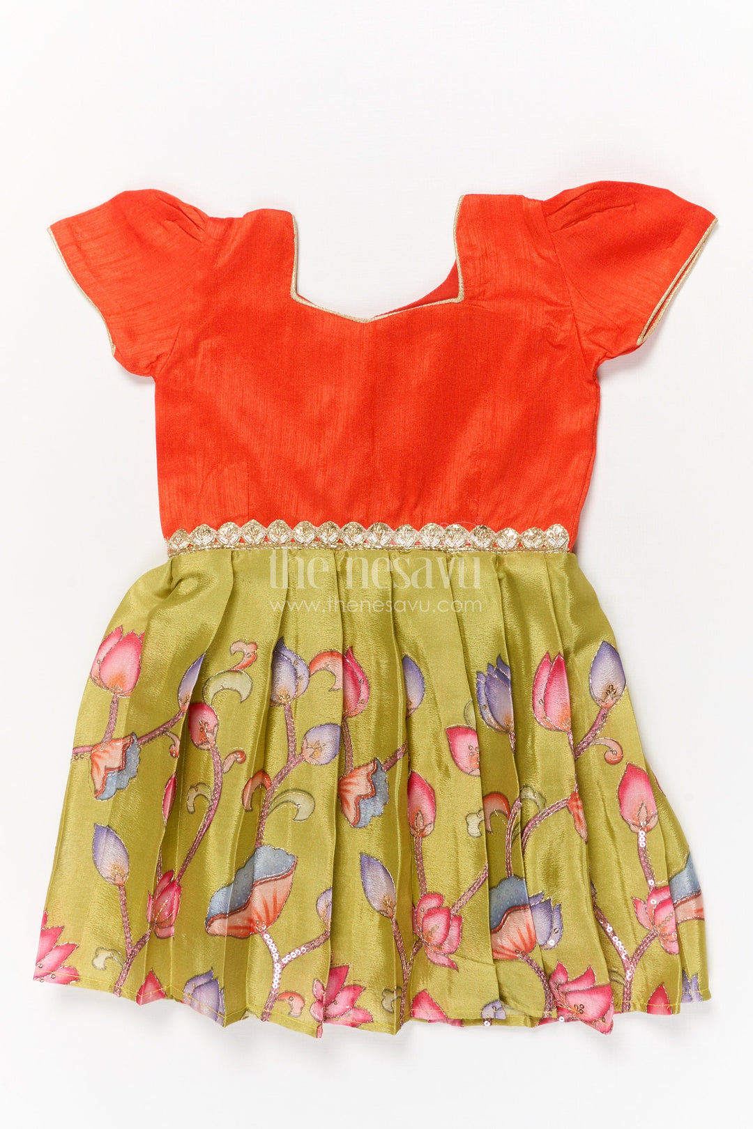 The Nesavu Silk Embroidered Frock Embroidered Silk Frock for Baby Girls for Birthday and School Celebrations Nesavu 16 (1Y) / Orange / Silk Blend SF1114A-16 Nesavu embroidered silk frock for baby girls with floral art skirt – perfect for birthdays and ethnic day events