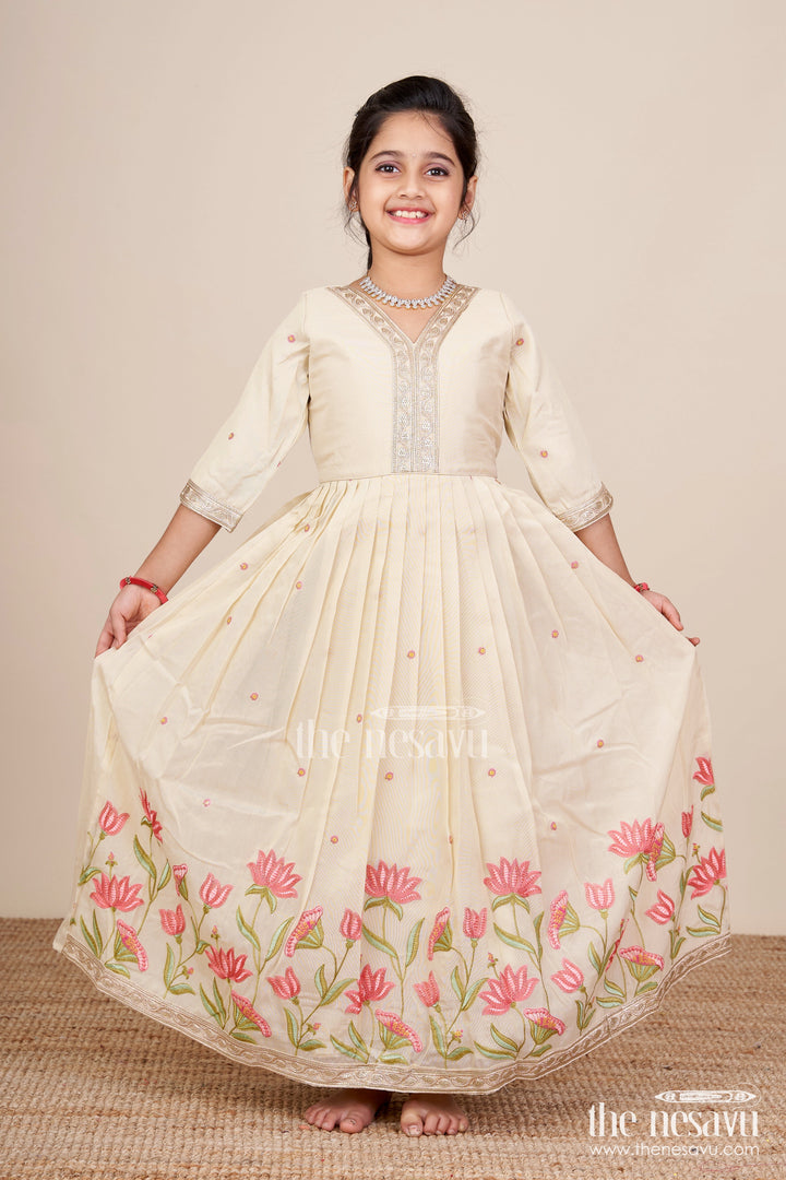 The Nesavu Girls Silk Gown Embroidered Silk Gown for Girls Perfect for Weddings and Festive Occasions Nesavu 24 (5Y) / Cream GA331A-24 Nesavu girls embroidered silk gown tissue organza  perfect weddings festive family events