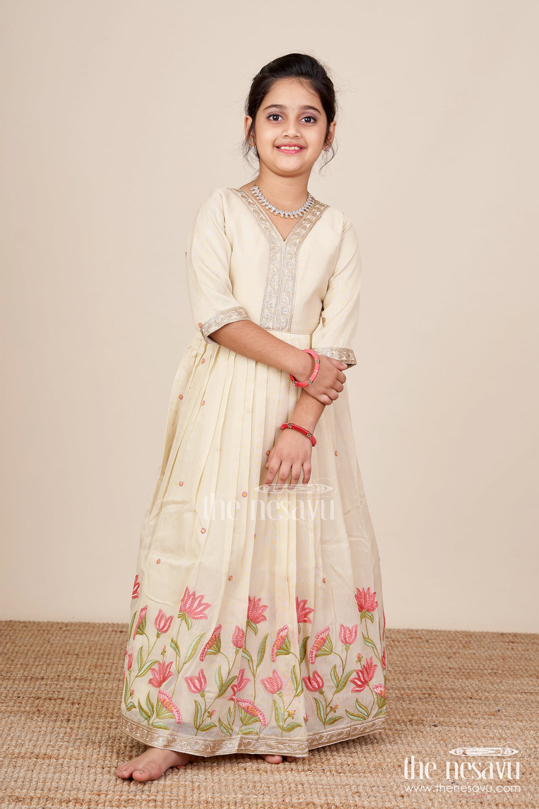 The Nesavu Girls Silk Gown Embroidered Silk Gown for Girls Perfect for Weddings and Festive Occasions Nesavu Nesavu girls embroidered silk gown tissue organza  perfect weddings festive family events