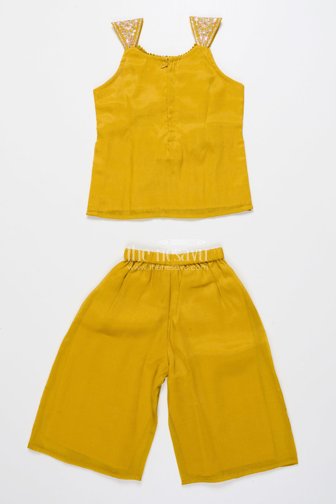 The Nesavu Girls Sharara / Plazo Set Embroidered Sleeveless Sharara Set for Girls Festive Ethnic Outfit In Tissue Silk Nesavu Nesavu sleeveless sharara set girls embroidered yoke festive outfit tissue silk