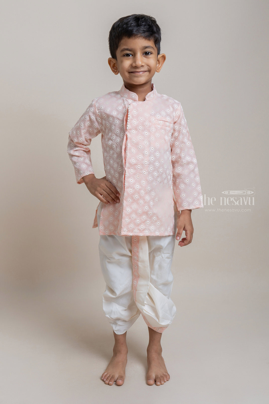 The Nesavu Boys Dothi Set Embroidery Salmon Pink Ethnic Kurta With White Dhoti For Boys Nesavu 10 (NB) / Pink / Cotton BES288C-10 Ethnic Wear For Boys | Traditional Wear Collection | The Nesavu