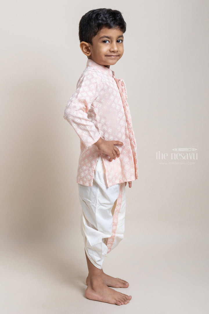 The Nesavu Boys Dothi Set Embroidery Salmon Pink Ethnic Kurta With White Dhoti For Boys Nesavu Ethnic Wear For Boys | Traditional Wear Collection | The Nesavu