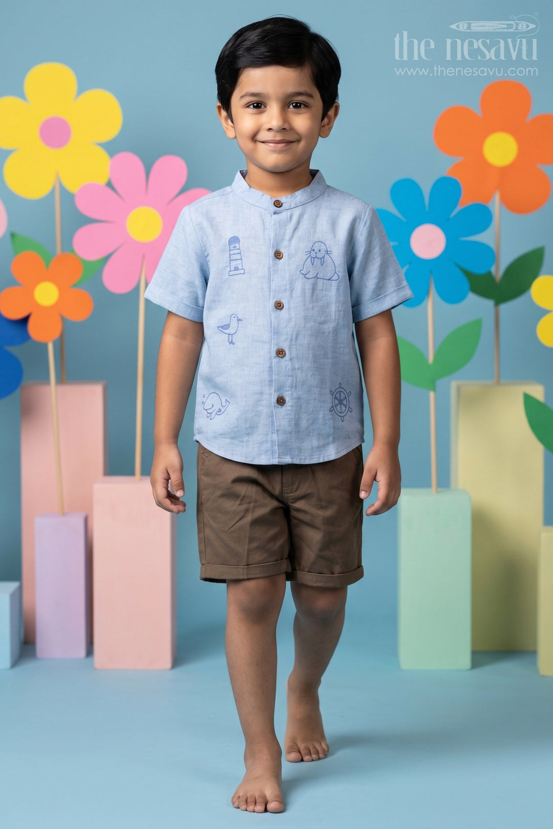 The Nesavu Boys Casual Set Embroidery Shirt Set for Boys in Sky Blue with Nautical Thread Motifs and Olive Green Shorts for Everyday Adventures Nesavu 10 (NB) / Blue BCS227B-10 Embroidery Shirt Set for Boys in Sky Blue with Nautical Motifs and Cotton Olive Shorts | The Nesavu