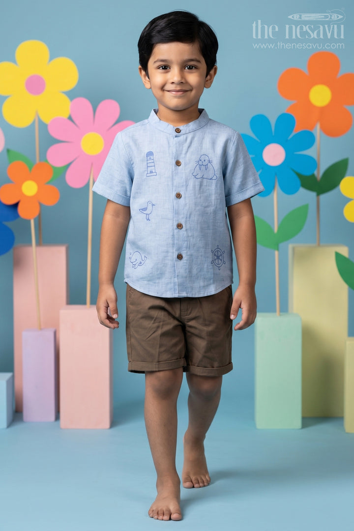 The Nesavu Boys Casual Set Embroidery Shirt Set for Boys in Sky Blue with Nautical Thread Motifs and Olive Green Shorts for Everyday Adventures Nesavu 10 (NB) / Blue BCS227B-10 Embroidery Shirt Set for Boys in Sky Blue with Nautical Motifs and Cotton Olive Shorts | The Nesavu