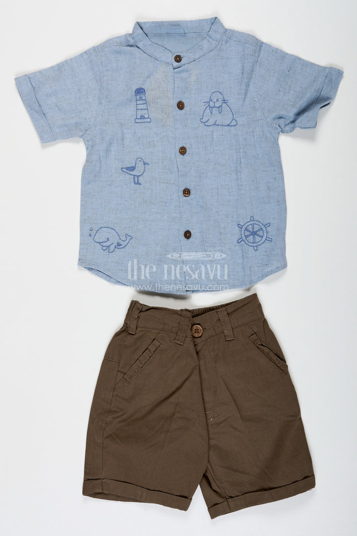 The Nesavu Boys Casual Set Embroidery Shirt Set for Boys in Sky Blue with Nautical Thread Motifs and Olive Green Shorts for Everyday Adventures Nesavu 16 (1Y) / Blue BCS227B-16 Nesavu Embroidery Shirt Set for Boys in Sky Blue with Nautical Motifs and Cotton Olive Shorts