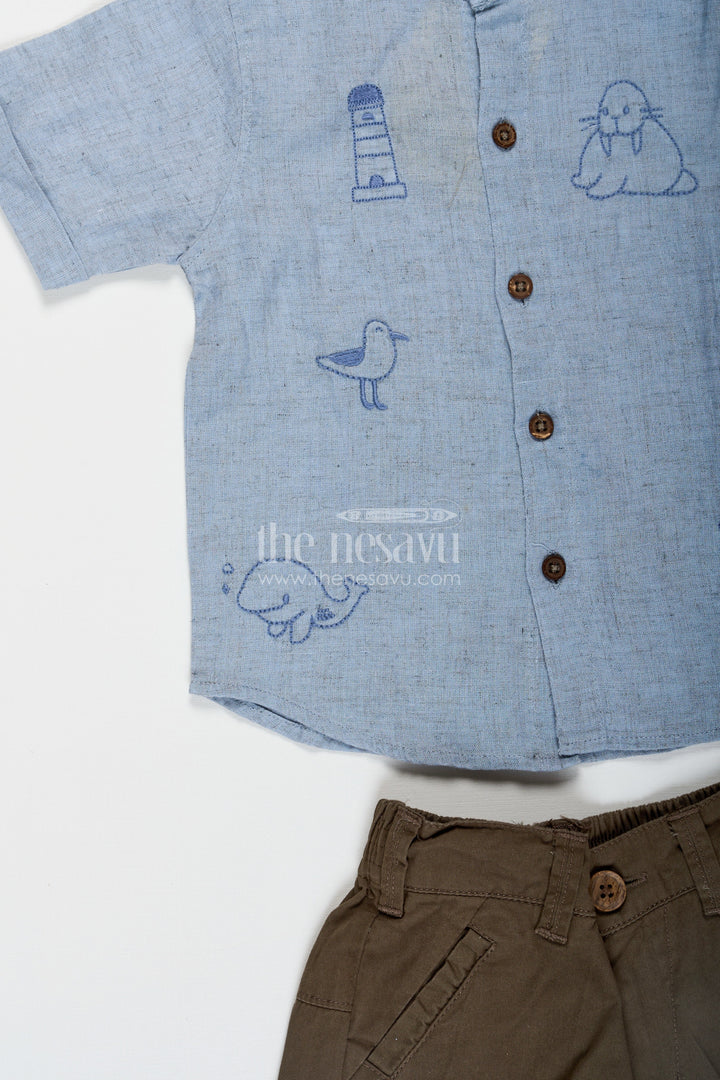 The Nesavu Boys Casual Set Embroidery Shirt Set for Boys in Sky Blue with Nautical Thread Motifs and Olive Green Shorts for Everyday Adventures Nesavu Embroidery Shirt Set for Boys in Sky Blue with Nautical Motifs and Cotton Olive Shorts | The Nesavu