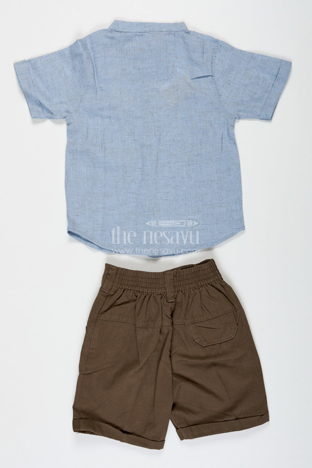 The Nesavu Boys Casual Set Embroidery Shirt Set for Boys in Sky Blue with Nautical Thread Motifs and Olive Green Shorts for Everyday Adventures Nesavu Nesavu Embroidery Shirt Set for Boys in Sky Blue with Nautical Motifs and Cotton Olive Shorts
