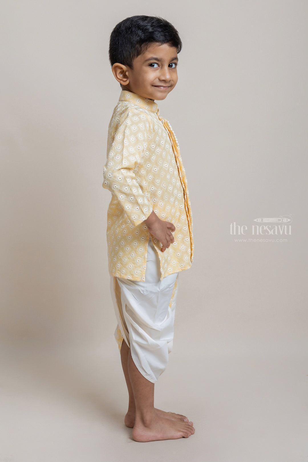 The Nesavu Boys Dothi Set Embroidery Yellow Ethnic Kurta With White Dhoti For Boys Nesavu Premium Yellow Kurta For Boys | Ethnic Wear Collection | The Nesavu