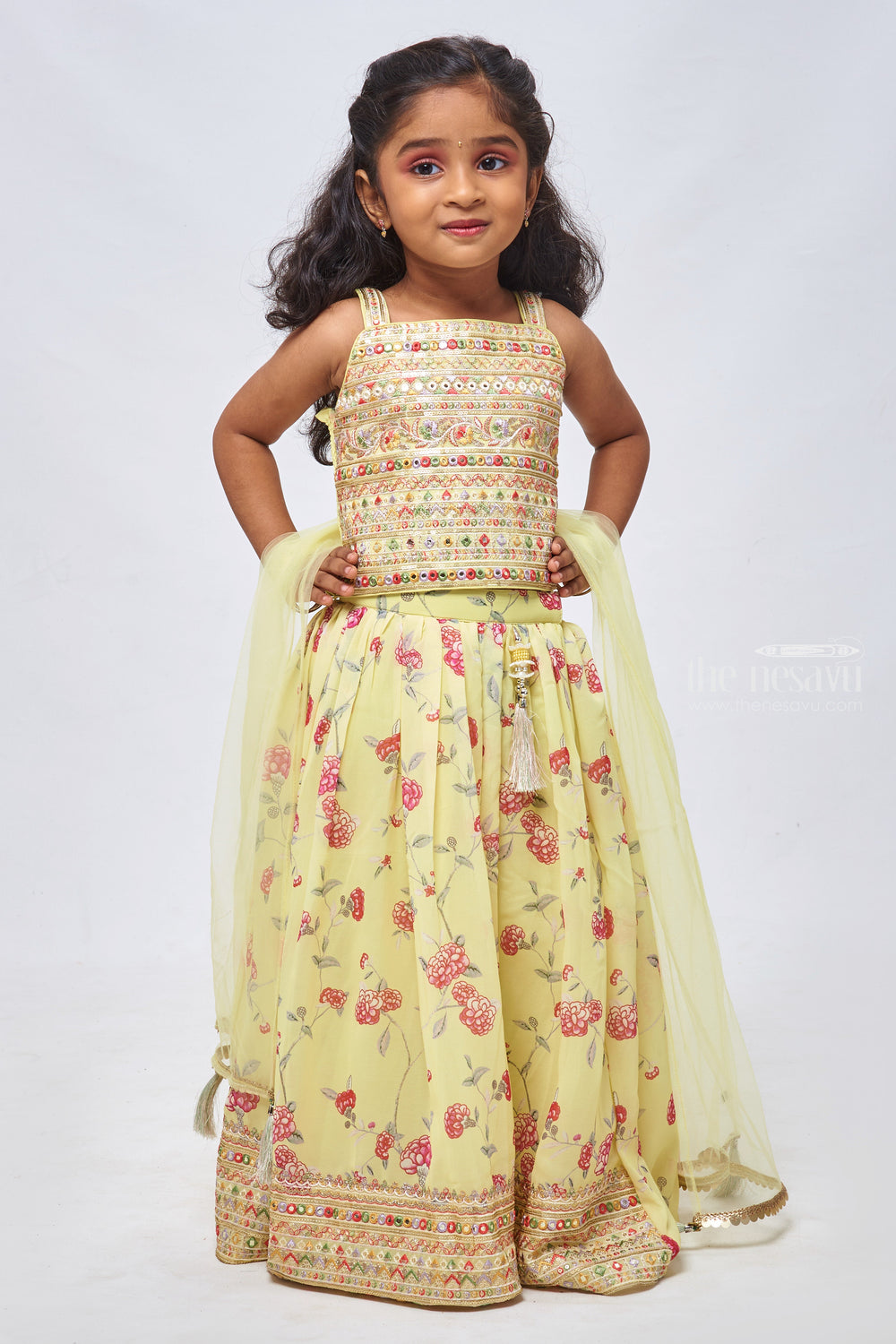 The Nesavu Girls Lehenga Choli Emerald Enchantment: Faux Mirror & Sequin Embellished Top with Floral Designer Green Lehenga for Girls Nesavu 16 (1Y) / Green / Georgette GL355B-16 Designer Kids Lehenga Set with Dupatta | Elegant Girls Ethnic Lehenga | The Nesavu