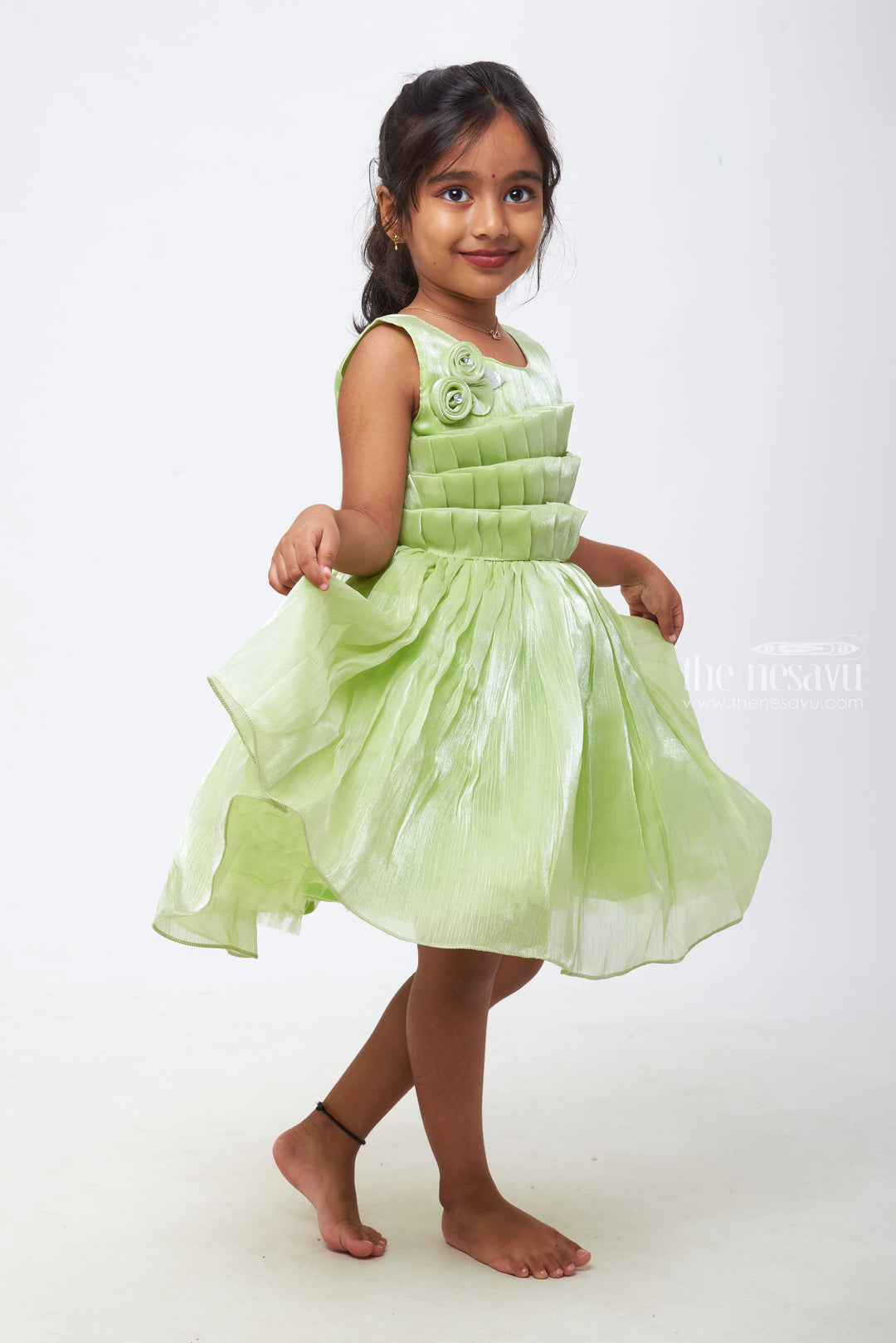 The Nesavu Girls Fancy Party Frock Emerald Enchantment: Girls Soft Green Tulle Dress with Rosette Accents Nesavu Elegance at Every Event | Girls Designer Party Frocks | The Nesavu