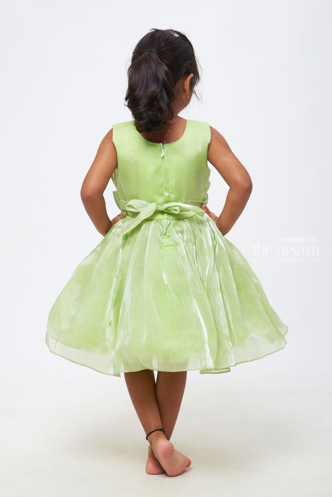 The Nesavu Girls Fancy Party Frock Emerald Enchantment: Girls Soft Green Tulle Dress with Rosette Accents Nesavu Elegance at Every Event | Girls Designer Party Frocks | The Nesavu