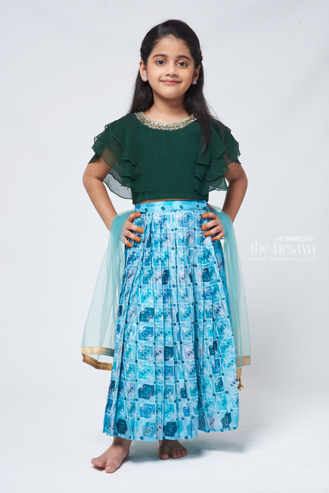 The Nesavu Lehenga & Ghagra Emerald Enchantment Rhinestone Green Top & Embroidered Blue Ghagra for Girls Nesavu 16 (1Y) / Green / Georgette GL352A-16 Embroidered Lehenga for Girls | Festive Wear for Girls | the Nesavu