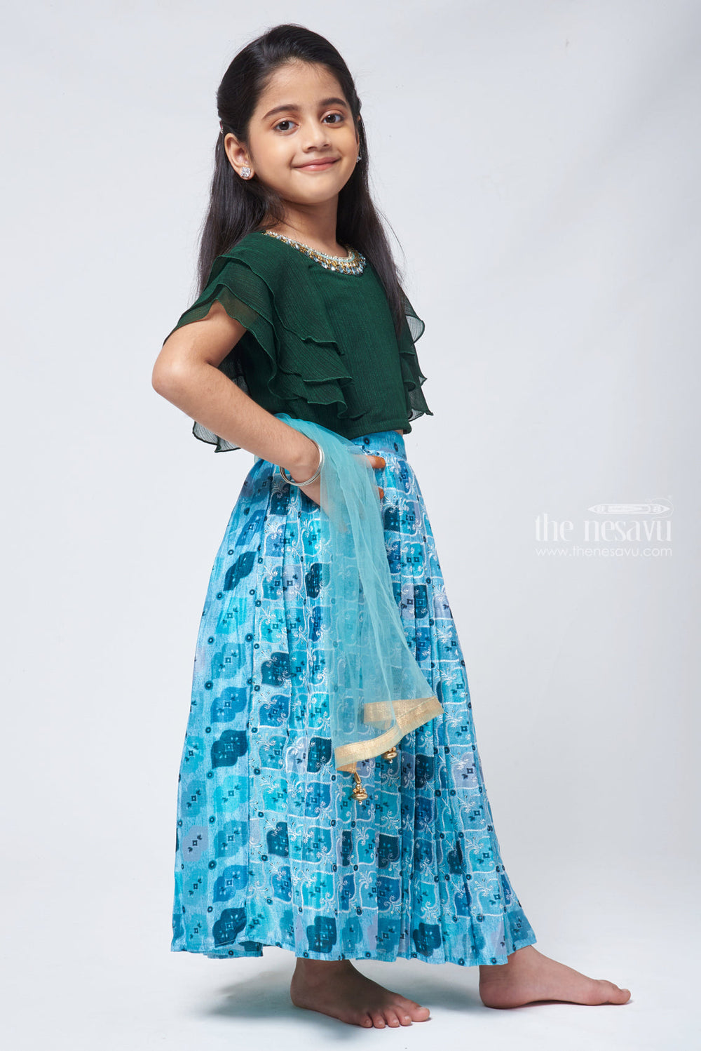 The Nesavu Lehenga & Ghagra Emerald Enchantment Rhinestone Green Top & Embroidered Blue Ghagra for Girls Nesavu Embroidered Lehenga for Girls | Festive Wear for Girls | the Nesavu