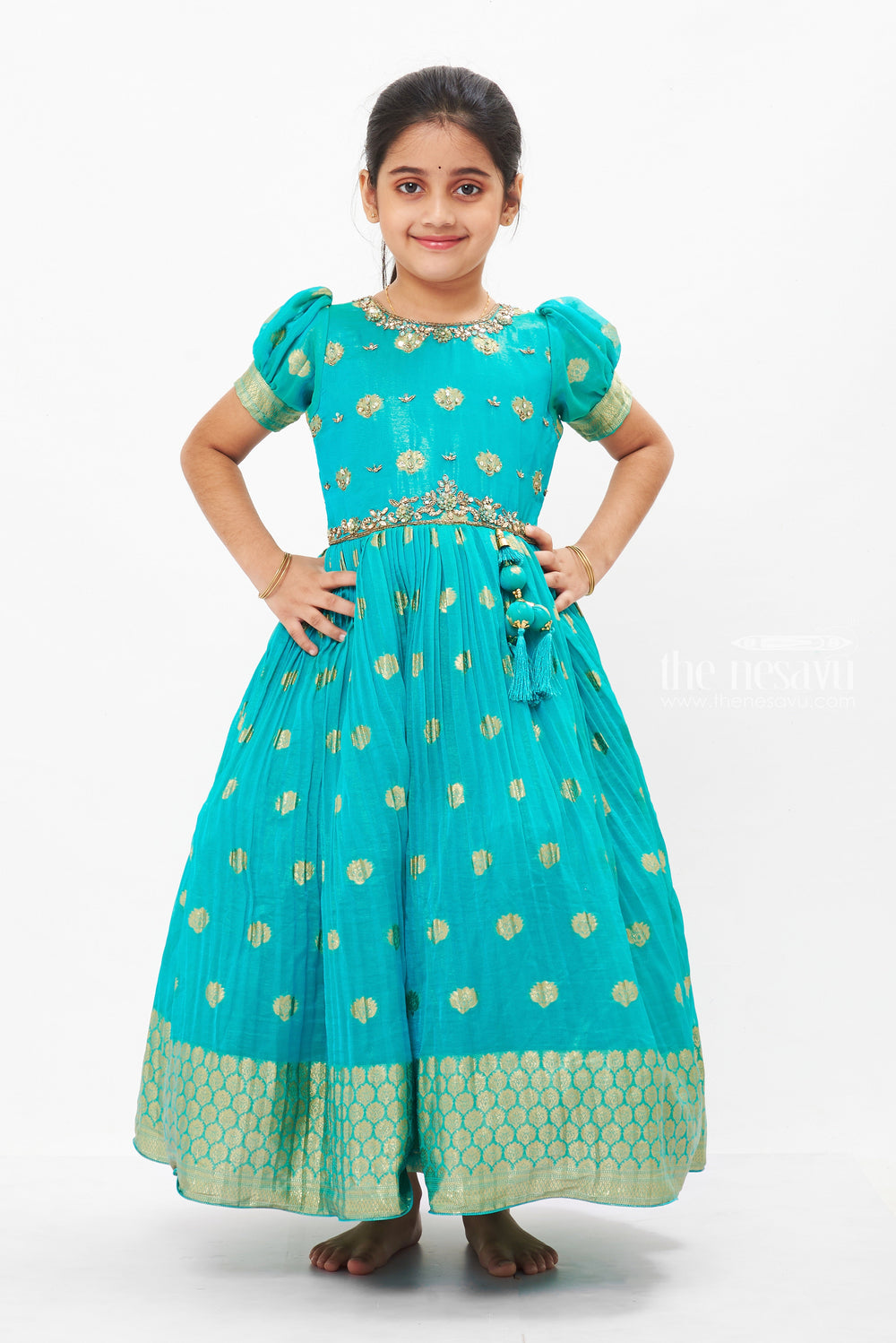 The Nesavu Girls Silk Gown Emerald Enchantment: Silk Anarkali Gown for Girls' Ugadi Celebrations Nesavu 24 (5Y) / Green / Blend Silk GA177B-24 Festive Green Silk Anarkali Gown for Girls | Traditional Elegance | The Nesavu