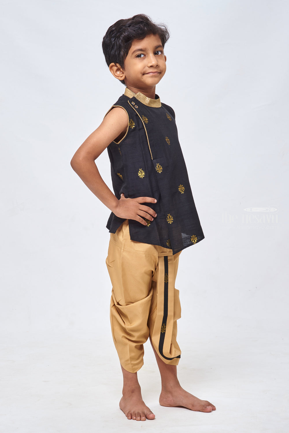 The Nesavu Boys Dothi Set Emerald Threads: Boys Green Kurta & Beige Dhoti - Traditional Butta Embroidery Nesavu Traditional Boys Clothing | Boys Ethnic Kurta Set | The Nesavu