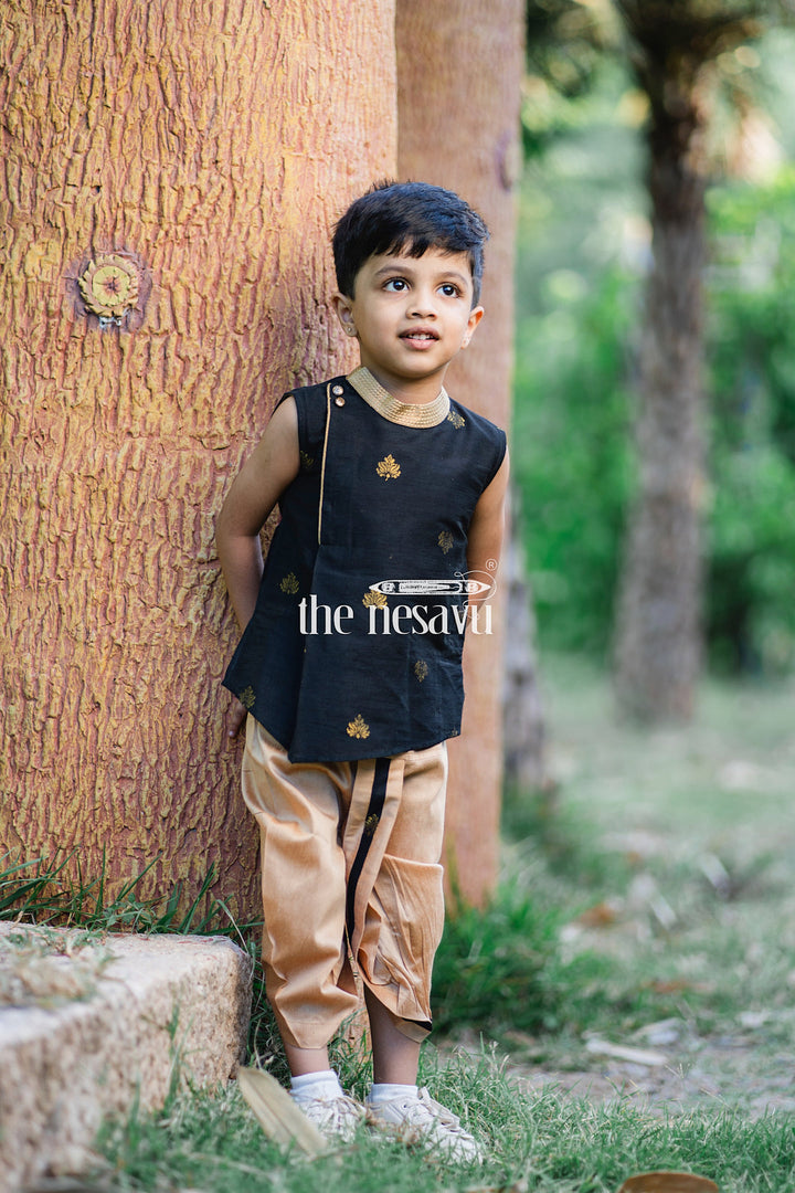 The Nesavu Boys Dothi Set Emerald Threads: Boys Green Kurta & Beige Dhotitraditional Butta Embroidery Nesavu Traditional Boys Clothing | The Nesavu